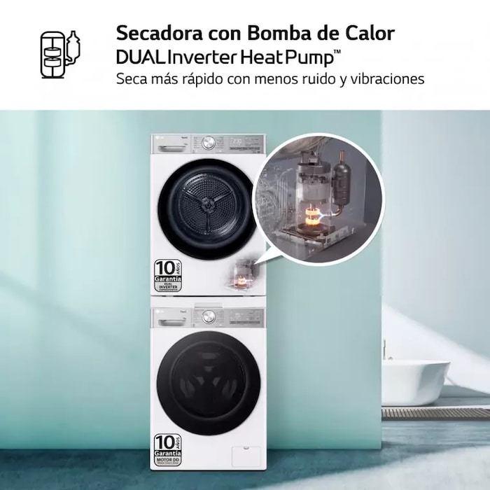 LG Torre de Lavado, Blanca, Lavadora inteligente 13kg, 1400rpm, Un 10% mas eficiente que A + Secadora 10kg, A+++\tT, TORRE1310KG.SET.EEES.C